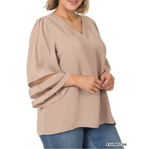 NEW Plus Size Woven Wool Peach Mesh Panel 3/4 Bell Sleeve Top